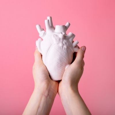 Hands holding a ceramic heart.